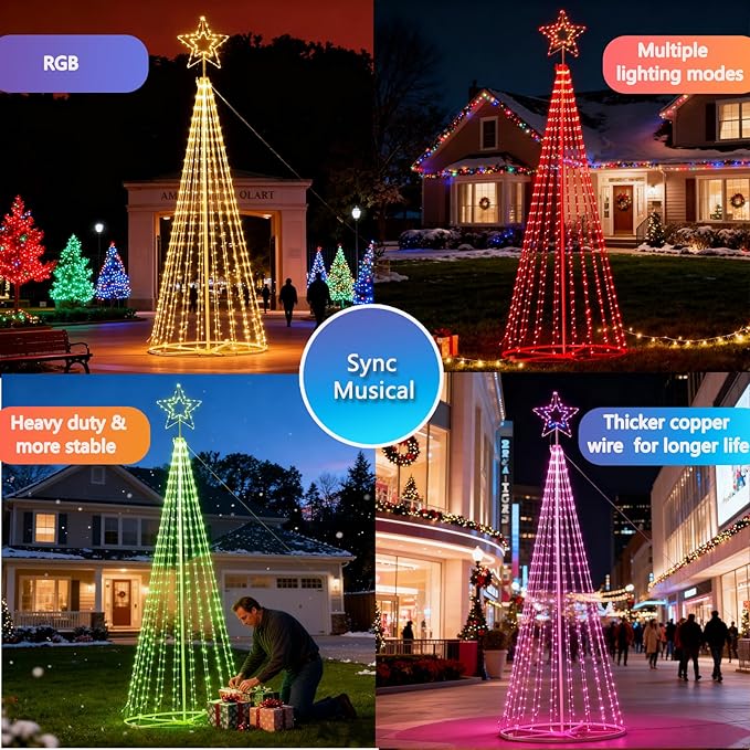 12Ft RGB Outdoor Lighted Christmas Tree Lights Cone Tall Star Topped Artificial Christmas Trees Outside Decor for Xmas New Year Holiday