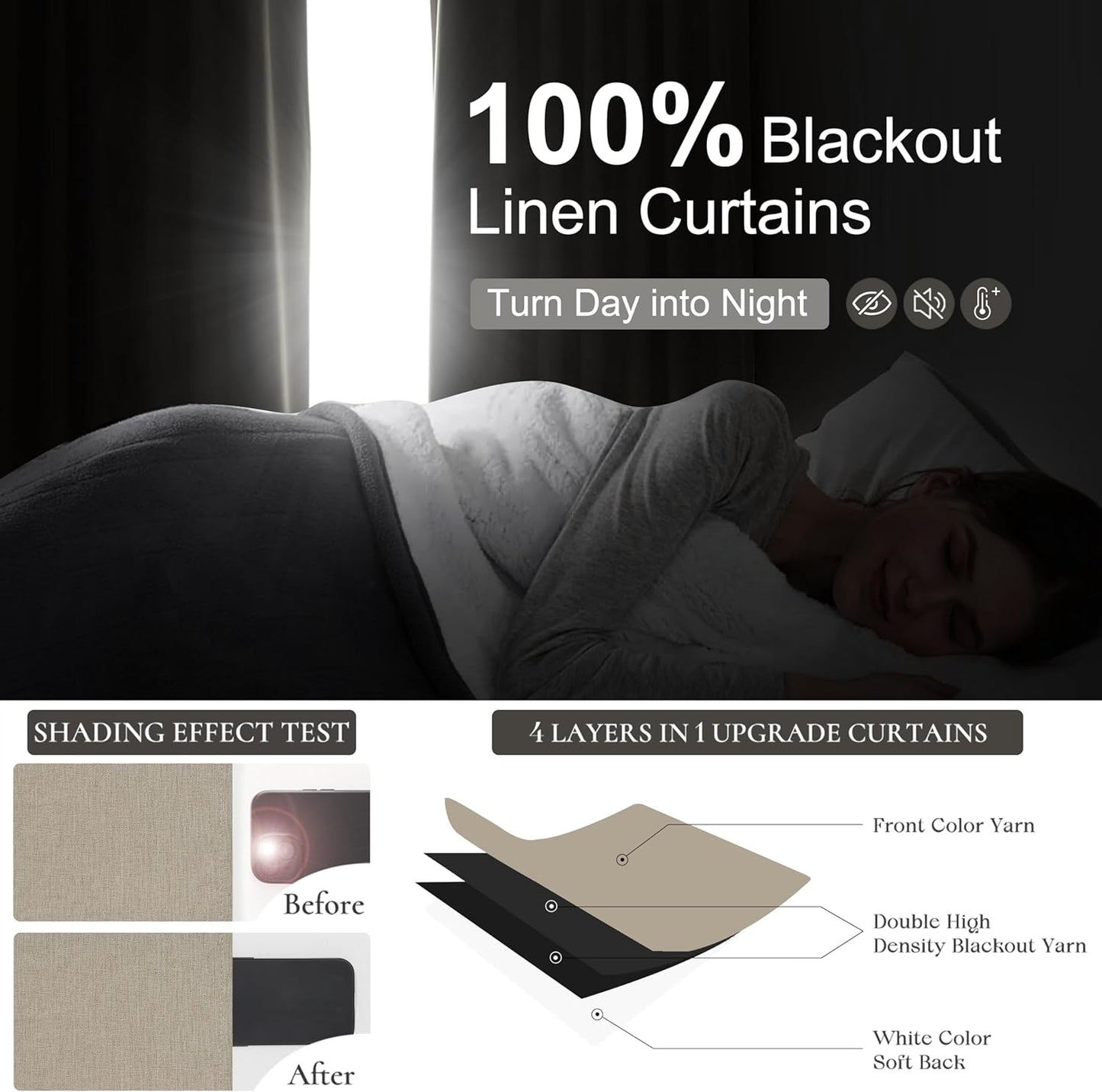 Black Out 96 Inch Long Boho Curtains 2 Panel Set, Farmhouse Curtains for Living Room Darkening/Thermal/Noise Reduction Textured Flax Linen Pinch Pleated Drapes 8ft Hook&Ring Included GreyBeige 40"x96"