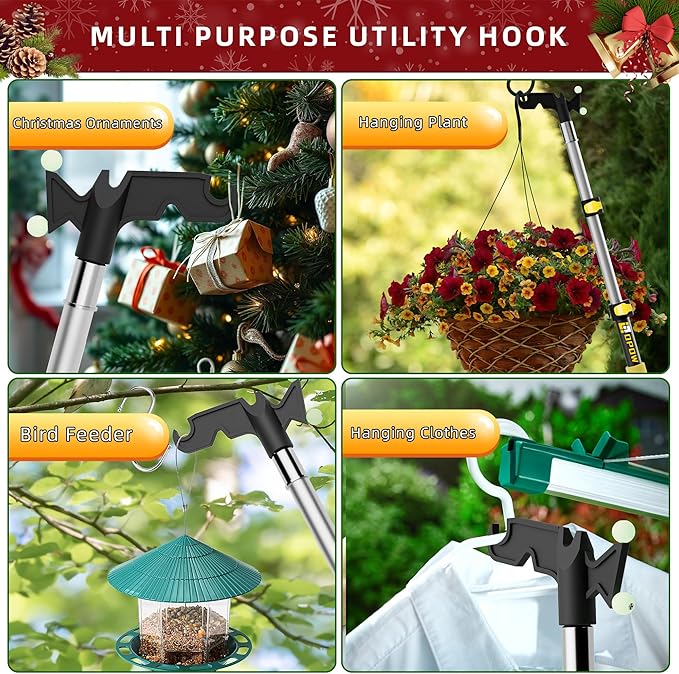 Christmas Light Hanger Tool Attachment, Utility Hook Screw On Pole Attachment (Pole NOT Included, Fits on 3/4 inch Acme Thread) Multi-Purpose Installation, String Lights, Birdfeeders (2 Pack)