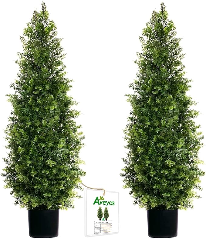 Aveyas 4ft Artificial Cedar Topiary Trees for Outdoor Front Porch Door, 4 Feet Faux Potted Plants Evergreen Fake Pine Cypress Tree for Outside Home Decor (4 ft Tall) - Set of 2 Pack