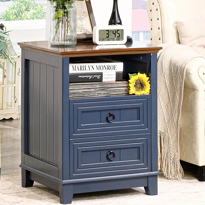 Farmhouse Nightstand, 24" Wooden Couch Side Table with 2 Drawers & Open Shelf, Rustic End Table for Bedroom & Living Room, Bedside Space-Saving Accent Storage Cabinet (Blue)