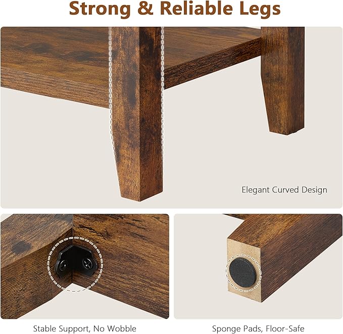 Hoctieon End Table with Double Storage Shelves, Sturdy Wooden Side Table for Living Room, Bedroom, Modern Nightstand Sofa Table for Small Spaces, Rustic Brown