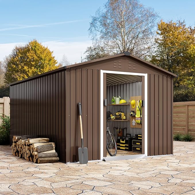 8X15 Ft Outdoor Metal Storage Shed with Roof, Weatherproof Steel Tool Shed with Lockable Door for Lawn Mower, Bike & Garden Equipment Storage