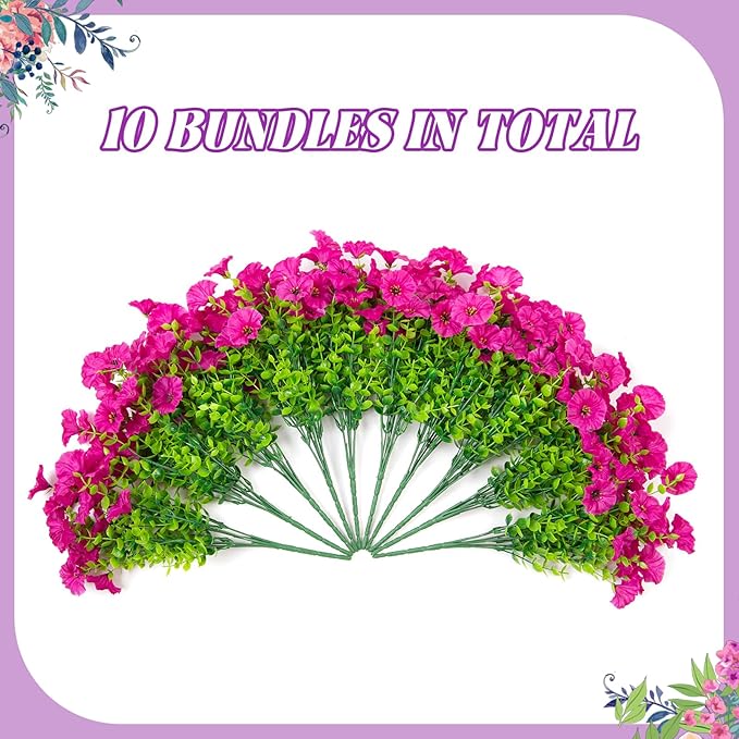 Artificial Flowers for Outdoors Decoration, 10 Bundles Fake Plastic Flower Plant, Faux Colorful Silk Morning Glory Eucalyptus for Outside Garden Porch Front Door Decor, Purple