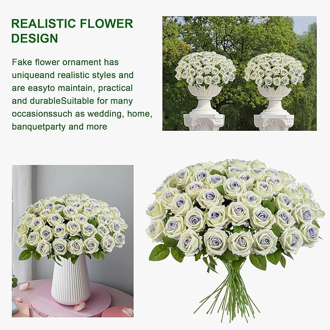 Artificial Flowers Roses Touch Fake Rose Bouquet Flower Stem for Wedding Centerpieces DIY Wreath Home Decorations Silk Roses Mothers Party Fake Outdoor Flowers Decor (Purple Heart 50PCS)