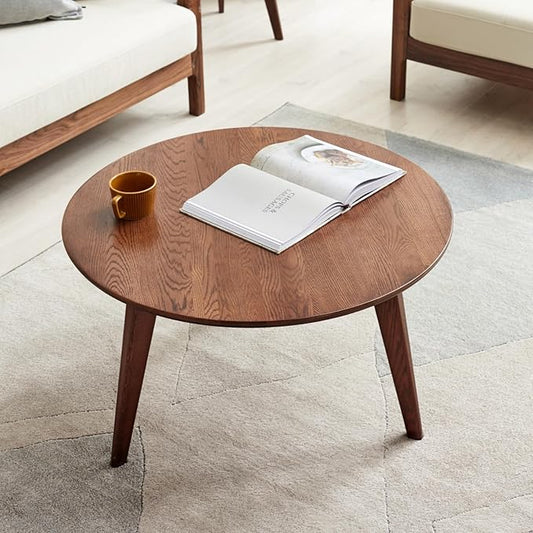 100% Solid Oak Wood Mini Coffee Table, Round Cofffe Tables Side Table w/Solid Wood Legs, Walnut Mid Century Table for Bedroom Balcony Living Room (23.62" D x 13.78" H)