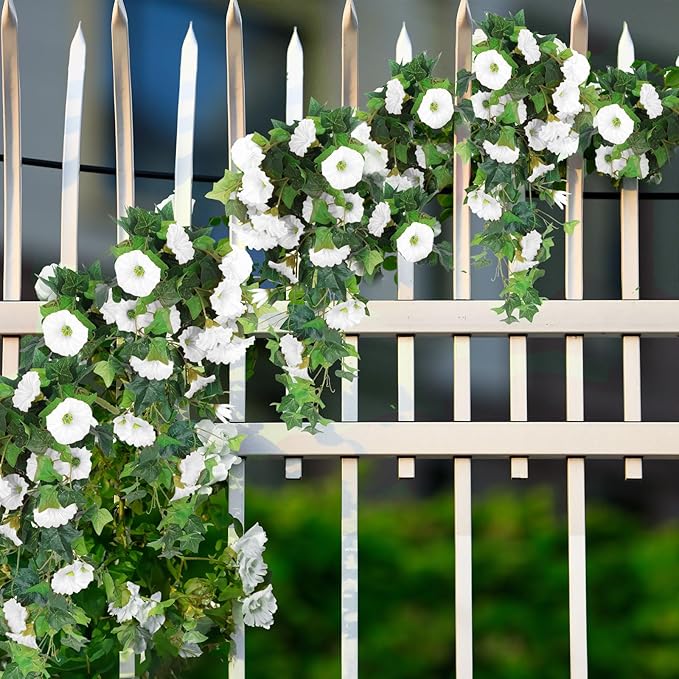RECUTMS Artificial Fake Hanging Flowers Plants for Outdoor Decoration, 2 Pcs UV Resistant Faux Petunias Trailing Plants Realistic Flower Look Real for Door Wall Yard Porch Garden Planter (White)