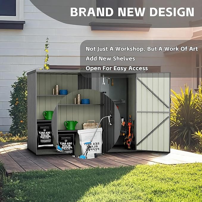 2 in 1 Metal Outdoor Storage Shed with Firewood Rack, 8×4 FT Lockable Waterproof Garden Tool Shed with Shelves, Open & Enclosed Dual-Storage Backyard Patio Shed with Sloped Roof (No Floor)