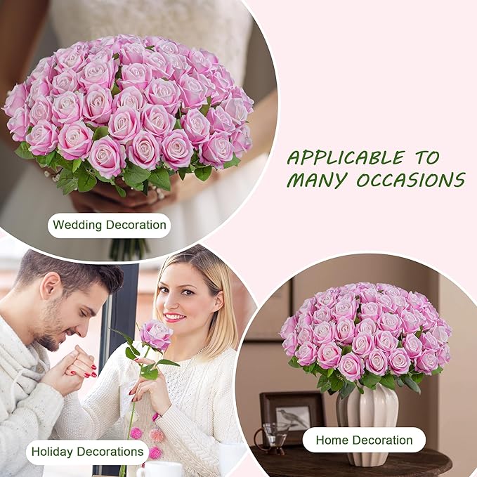 Artificial Flowers Roses Touch Fake Rose Bouquet Flower Stem Fo Wedding Centerpieces DIY Wreath Home Decorations Silk Roses Fo Mothers Party Fake Outdoor Flowers Decor 19.6"(Deep Pink 50PCS)