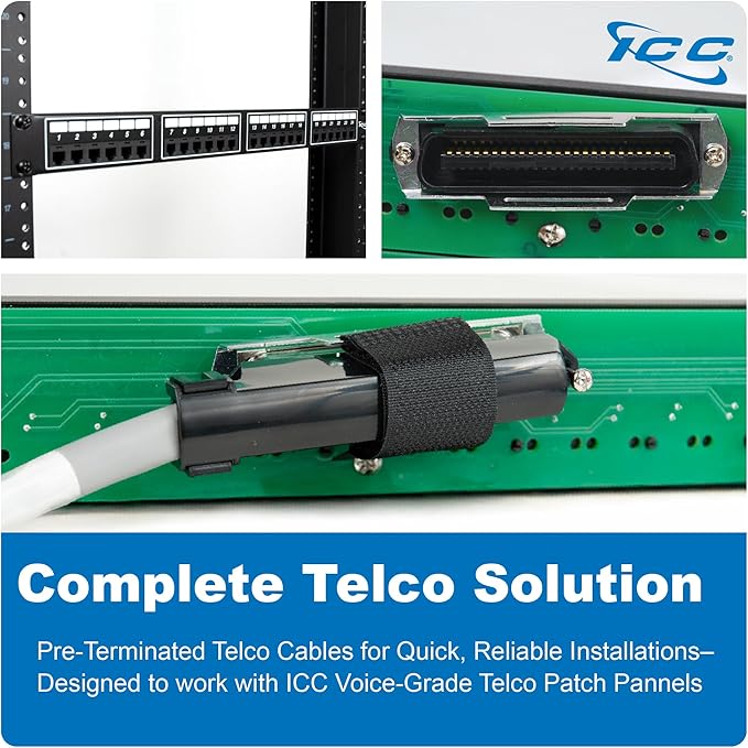 ICC Female to Female 25 Pair Telco Cable 10ft - Cat3 24AWG, 100% Solid Pure Copper, Gray Riser CMR Cable with 90 Degree 50 Pin Telco Connector for Voice and Low Data PBX Applications, 10 Feet