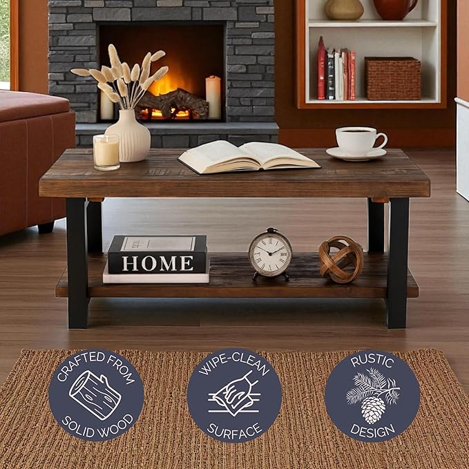 Alaterre Furniture Pomona Rustic Coffee Table with Storage Shelf - 42-Inch Industrial Modern Metal and Solid Wood Living Room Table - Easy Assembly Farmhouse Living Room Furniture (Rustic Natural)
