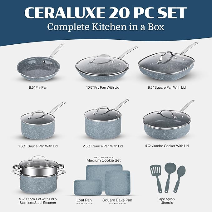 Granitestone Ceraluxe 20 Pc Ceramic Cookware Set Nonstick, Complete Pots and Pans Set Non Stick for Kitchen with Bakeware, Utensils & Steamer, Non Toxic Made Without PFOA PFOS, Oven & Dishwasher Safe
