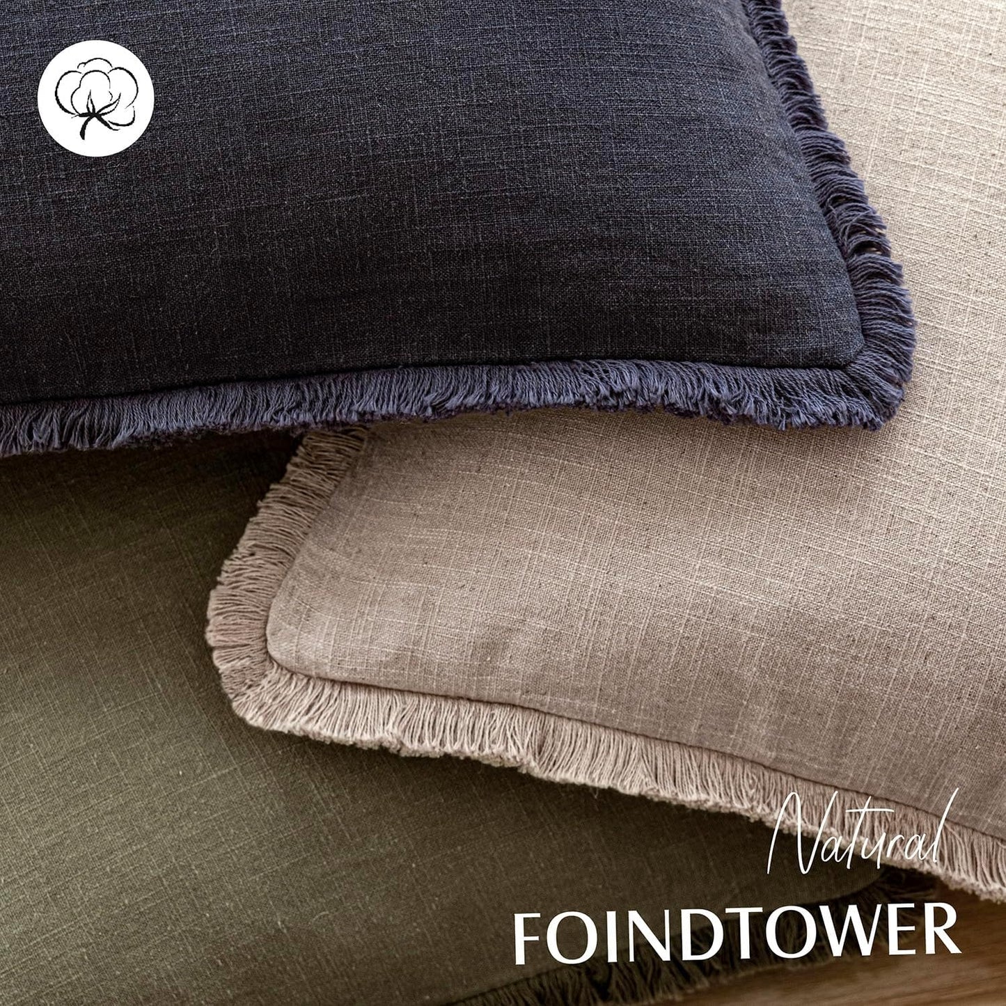 Foindtower Set of 2 Decorative Linen Fringe Throw Pillow Covers Boho Farmhouse Cushion Cover with Tassels Soft Accent Pillowcase for Couch Sofa Bed Living Room Home Decor,26×26 Inch,Natural Linen