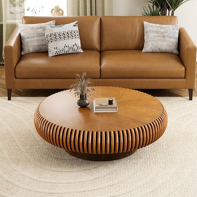 39.3" Drum Coffee Table Modern Unique Fluted Tea Table Contemporary Wood Round Coffee Table with Fluted Centry Table for Living Room Walnut (39.3" Brown)