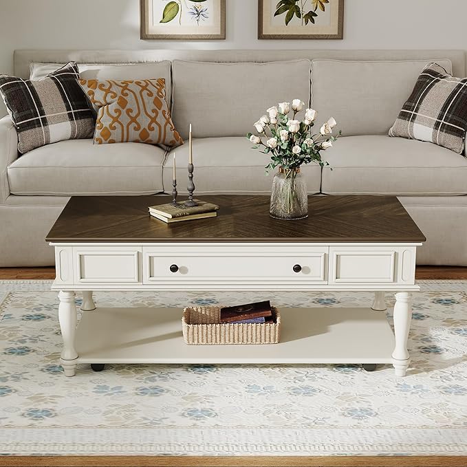 Polibi Coffee Table with Large Storage Drawer, Retro Movable Rectangular Cocktail Table with 4 Caster Wheels for Livingroom, Easy Assembly (Grey+White)