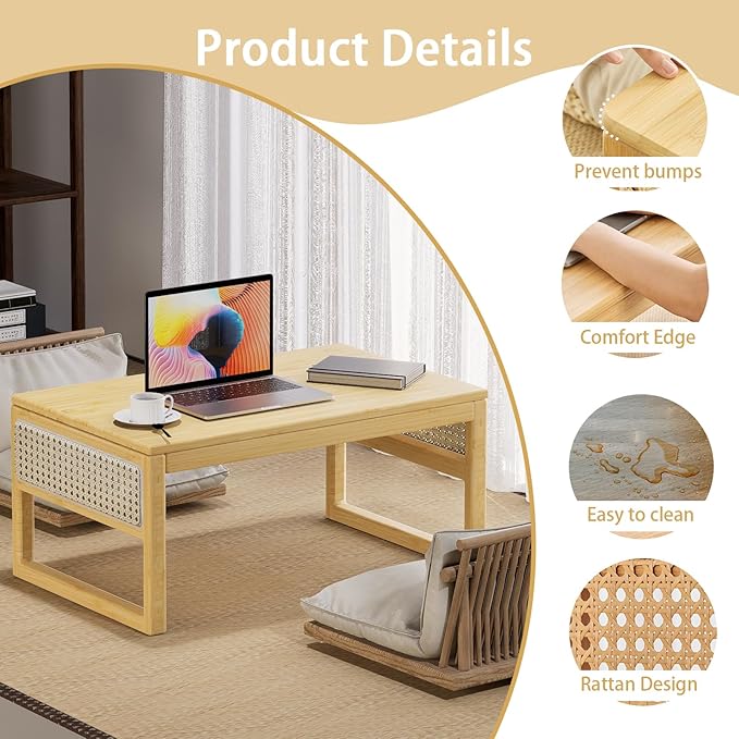 Japanese Floor Coffee Table,Bamboo Low Table for Sitting,Japanese TeaTable for Tatami Living Room Bay Window Meditatio(Wood Color)