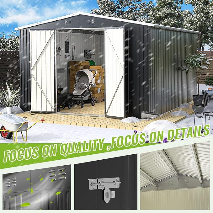 10X10 FT Outdoor Storage Shed, Metal Garden Tool Shed with Updated Frame Structure and Lockable Doors, Ideal for Backyard Garden Patio Lawn