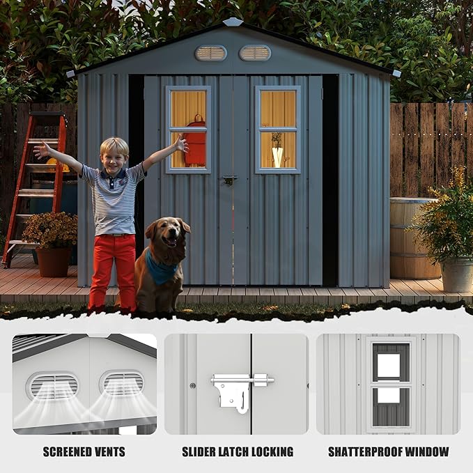 KEIKI 8x8 Metal Storage Shed with Protective Film, 4 Daylight Windows, Lockable Double Doors, Heavy-Duty Color Steel Outdoor Storage Shed for Backyard Garden, White