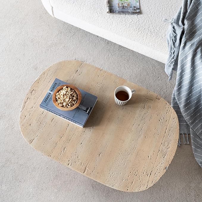 Oval Coffee Table Modern Faux Stone Circle Center Table Accent End Side Table for Living Room, Magnesium Oxide, 36" Cream