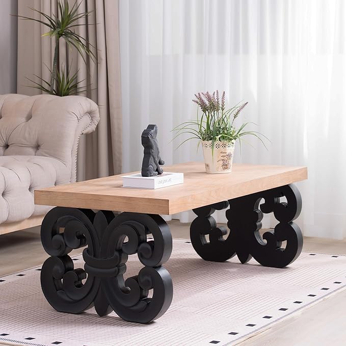 Rectangular Coffee Table with Natural Wood Top, Rustic Wooden Center Table with Black Carved Base, Farmhouse Tea Table for Living Room Office Apartment,47.2" L x 23.6" W x 18" H
