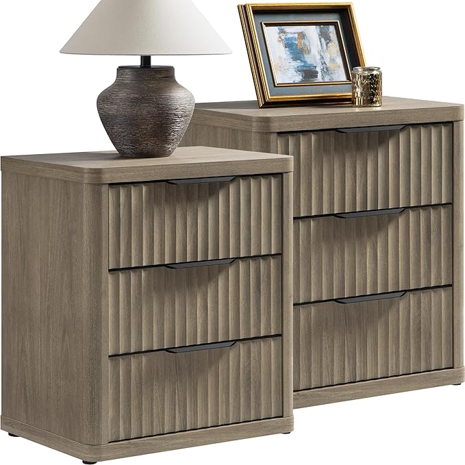SICOTAS Night Stand Set of 2 Nightstands with 3 Drawers Storage Bedside Table Large Fluted Bed Side End Table Modern 25.6" Tall Wide Night Stands for Bedroom Living Room Sofa Couch Office, Grey Alder