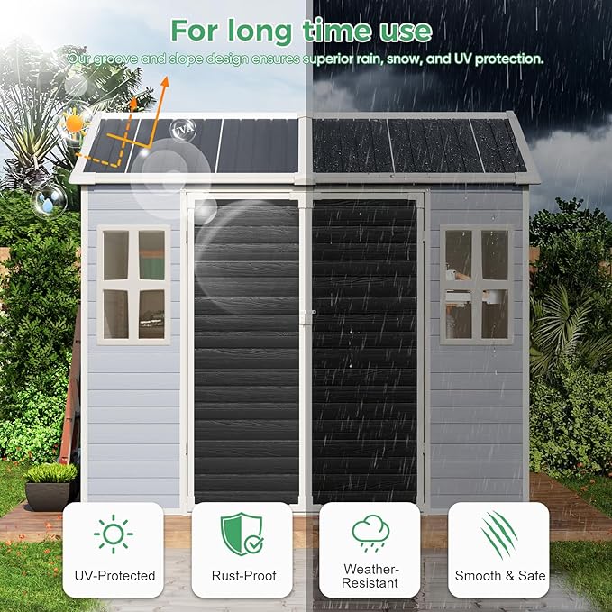 6x8 FT Plastic Storage Sheds Outdoor with Floor and Window, Utility All-Weather Resin Shed Easy to Install, Large Sheds & Outdoor Storage/Tool Shed for Backyard Patio Lawn, Gray