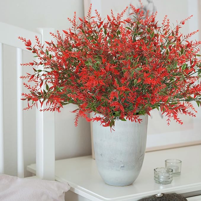 42 Pcs Fake Lavender Flowers Outdoor UV Resistant Faux Plastic Lavender Flowers No Fade Artificial Lavender Purple Plants for Outside Garden Porch Window Box Hanging Planter Decor (Red)