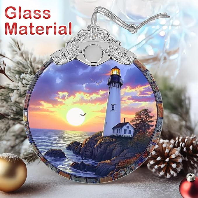 Christmas Decorations Ornaments, Stained Glass Ornament, Christmas Tree Ornaments, 2025 Gift Ornament, Xmas Gift for Friend Family Coworker - Lighthouse at Dusk