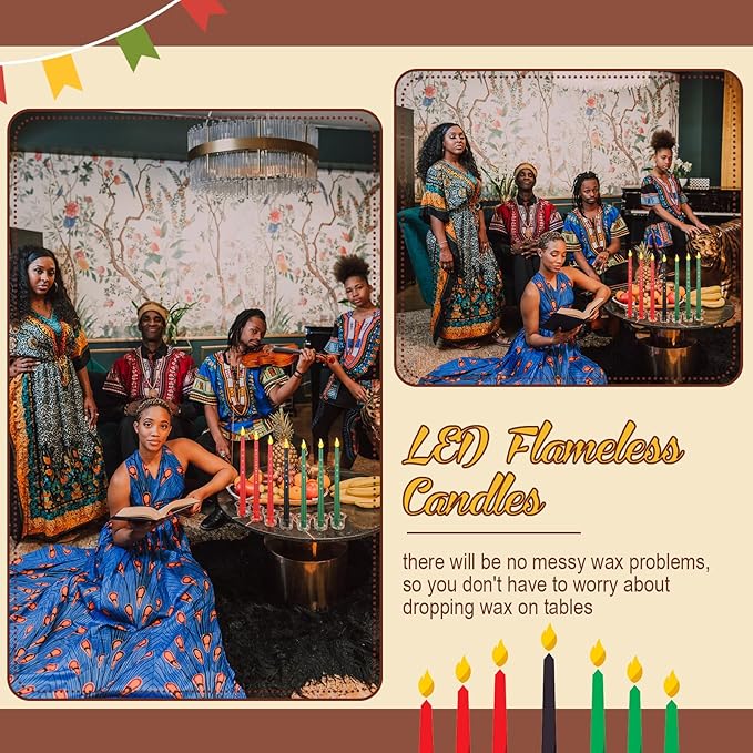 Riakrum 7 Pieces Kwanzaa Candles Set Kwanzaa Flameless Taper Candles Battery Operated for Church Celebration Decoration(10.83 Inches,Words)