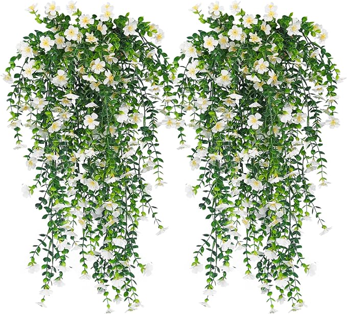 RECUTMS Artificial Hanging Flowers Plants for Outdoors Fake Hanging Plants 4 Pcs UV Resistant Silk Daisy Flower Realistic Faux Trailing Vine for Wall Yard Porch Balcony Indoor Outdoor Planters (White)