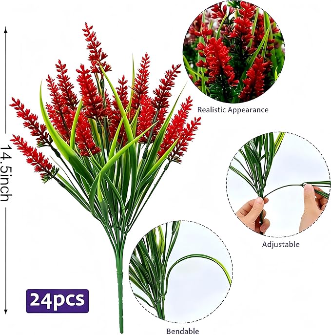 Geegoods Artificial Red Lavender Flowers for Outdoors – 24 Bundles UV Resistant Fake Flowers with Monkey Grass, Realistic Artificial Plants Outdoor for Garden, Patio, Porch, Window Box & Home Décor