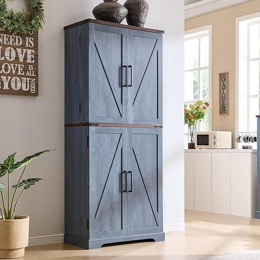 ACCOHOHO 72" Tall Kitchen Pantry, Farmhouse Storage Cabinet with Barn Doors, Organizer, Drawer and Adjustable Shelves, Rustic Wood Cupboard for Kitchen, Dining Room, Bathroom and Hallway, Rustic Blue