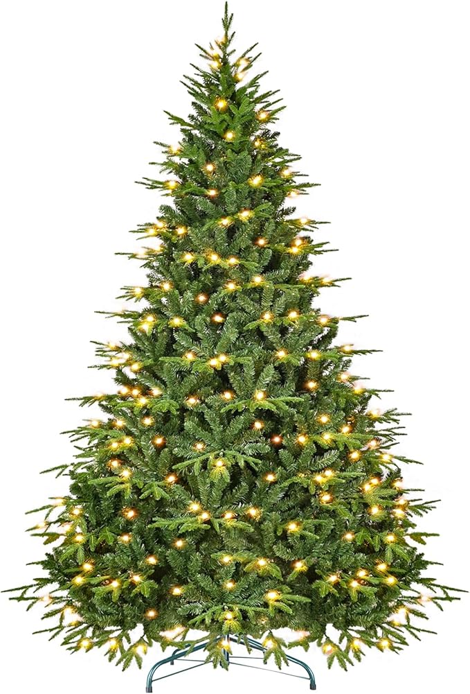 Prelit Artificial Hinged Christmas Tree with Pre-lit 350 Warm White Lights 7.5FT Holiday Tree for Xmas Decoration Metal Hinges, Foldable Base