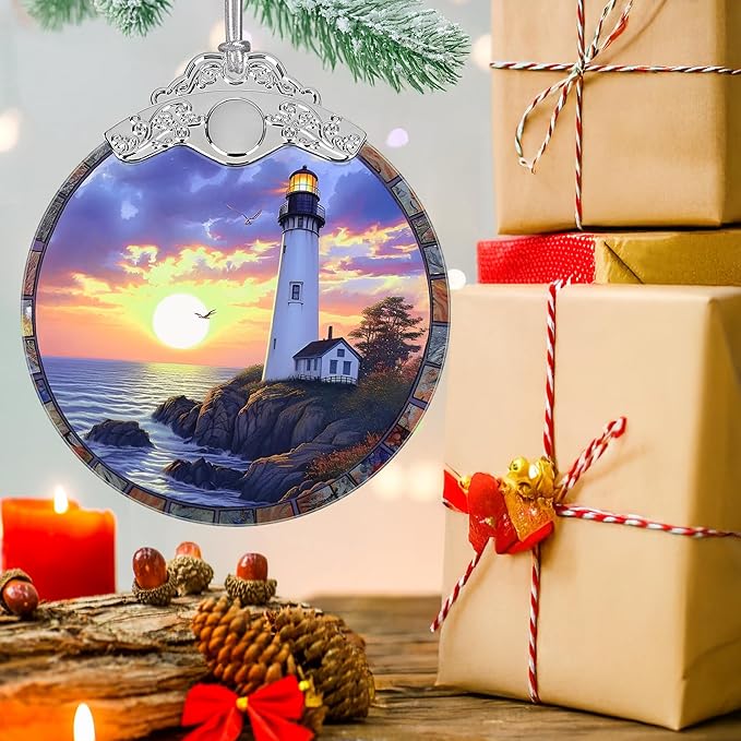 Christmas Decorations Ornaments, Stained Glass Ornament, Christmas Tree Ornaments, 2025 Gift Ornament, Xmas Gift for Friend Family Coworker - Lighthouse at Dusk