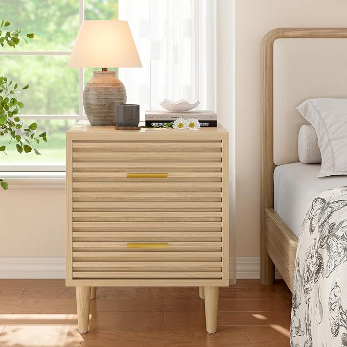Alohappy Nightstands Set of 2, Bedside Table for Bedroom, End Table with 2 Drawers, Mid Century Modern Bed Side Table with Storage Vintage Wood Accent Table for Living Room, Oak 2pcs