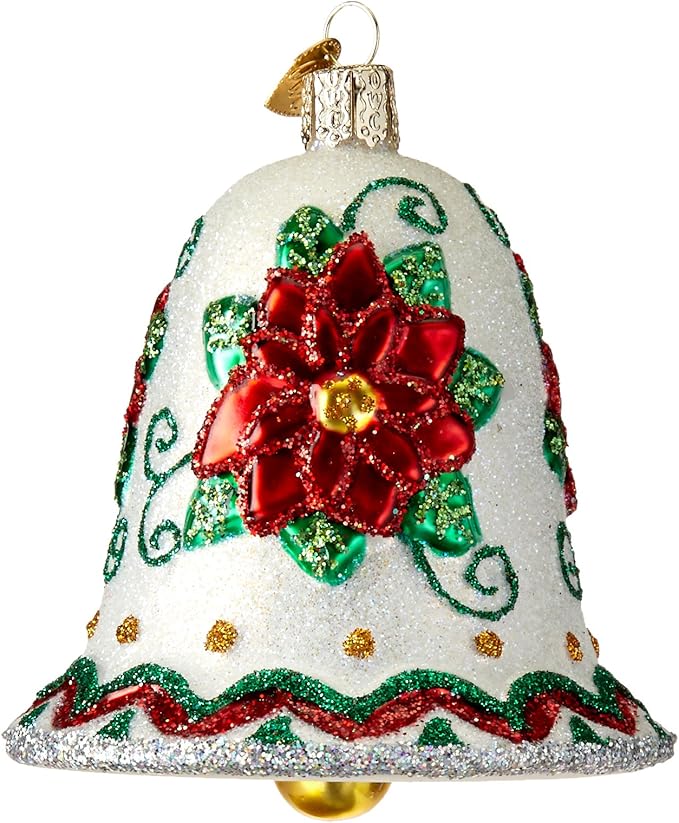 Old World Christmas Poinsettia Bell Glass Blown Ornament for Christmas Tree, Handcrafted Holiday Decoration, Bell Collection