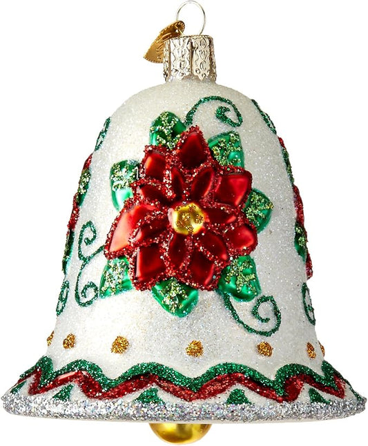 Old World Christmas Poinsettia Bell Glass Blown Ornament for Christmas Tree, Handcrafted Holiday Decoration, Bell Collection