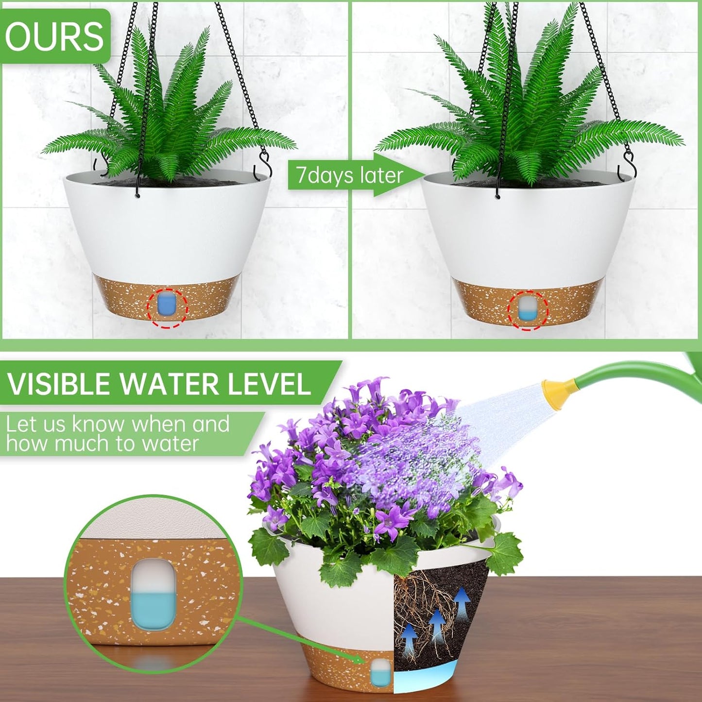 ZMTECH 10 Inch Hanging Planters for Outdoor Plants, Hanging Pots for Plants Indoor with Visible Water Level, Hanging Flower Basket with Drainage Holes & Removable Tray(2 Pack, White)