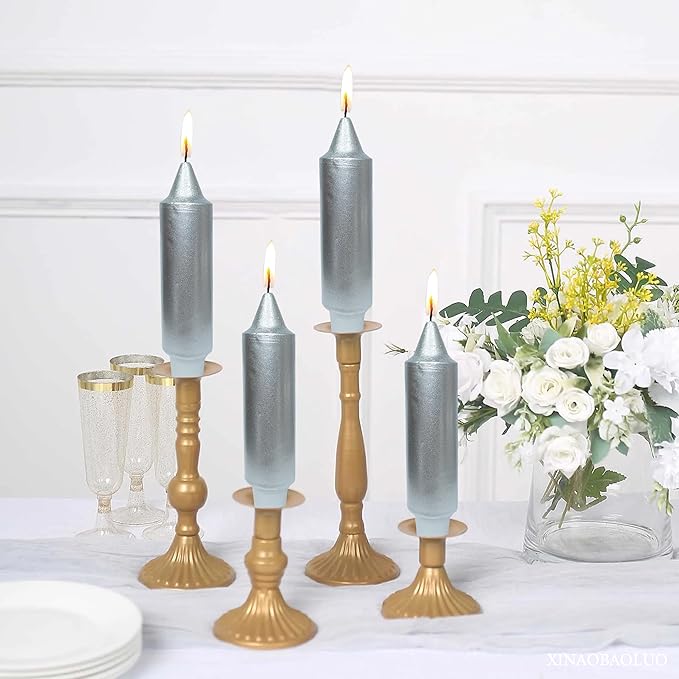 5Inch Short Taper Candles Candlesticks Handmade Set of 4 Unscented Smokeless Long Burning Dripless Tapered Candle for Wedding Christmas Decoration(Silver)