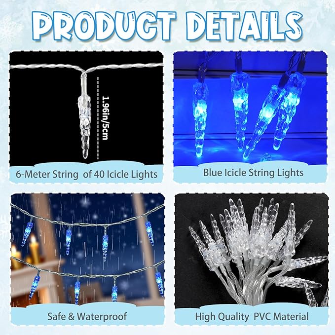 Christmas Icicle Light，19.6ft 40 LED Blue Icicle String Lights Indoor, Hanging Icicle Christmas Lights for Eave Holiday Garden Indoor Outdoor Xmas Decorations