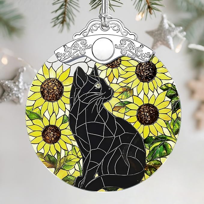 Stained Glass Ornament, Christmas Ornament, Hanging Ornaments for Home Decor & Christmas Tree Ornaments – Exquisite Holiday Decor, Cat Lovers Gifts, Xmas Gifts & Holiday Present - Black Cat