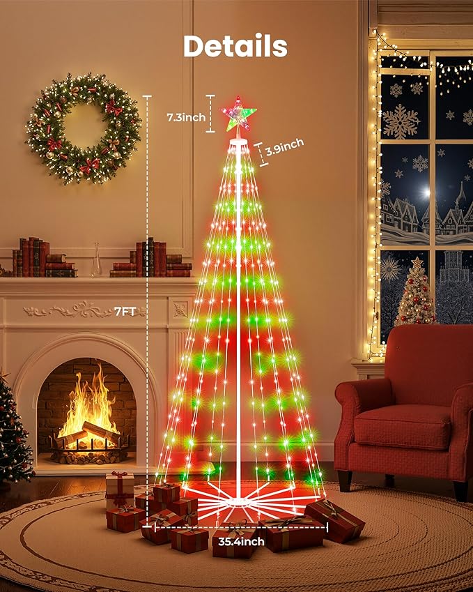 Christmas Cone Tree Light, 7ft 295 LED Light Show Christmas Tree with 8 Modes Timer Remote, Dimmable Artificial Christmas Tree for Porch Yard Patio Indoor Outdoor Xmas Holiday Decor, Red & Green