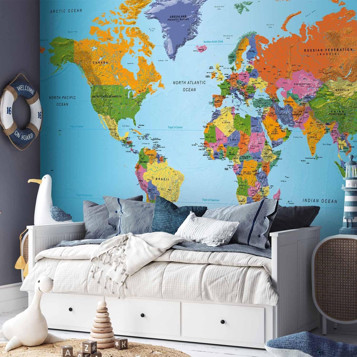 artgeist Premium Wall Mural World Map 177x124 in - XXL Non-Woven Wallpaper Fleece Wall Decor Photo Print Picture Image Design Home Map of The World k-A-0095-a-a