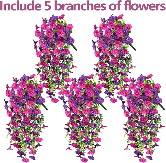 Rich and Eye-catching 5 PCS Artificial Hanging Flowers，Silk Morning Glory Faux Flowers with Eucalyptus Leaves,uv Resistant Fake Hanging Petunias Plants for Yard Decoration(Purple Red)
