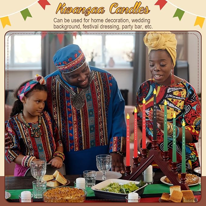Riakrum 7 Pieces Kwanzaa Candles Set Kwanzaa Flameless Taper Candles Battery Operated for Church Celebration Decoration(10.83 Inches,Words)