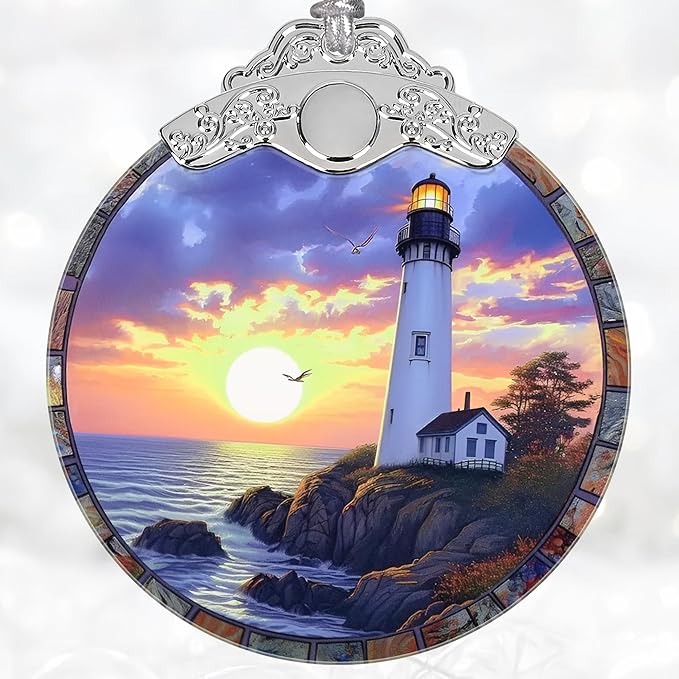 Christmas Decorations Ornaments, Stained Glass Ornament, Christmas Tree Ornaments, 2025 Gift Ornament, Xmas Gift for Friend Family Coworker - Lighthouse at Dusk