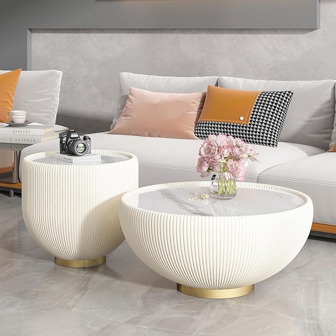 Round Living Room Table Set, 27.56" White Drum Center Table and 19.69" White Center Table Set, 2 Pieces Coffee Table Set with Sintered Stone Tabletop, Fluted PU Leather Covered and Metal Base