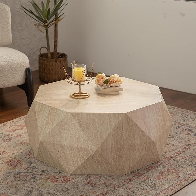 38.58" Modern Farmhouse Coffee Table, Drum American Retro Style Coffee Table for Office, Dining Room and Living Room, Natural