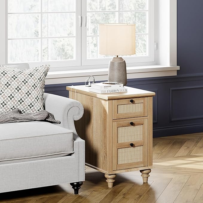 WAMPAT Rattan End Table with Charging Station, Farmhouse Bedside Table with Solid Wood Leg, Narrow Side Table with Drawer & Power outlets USB Ports for Bedroom, Living Room, Oak