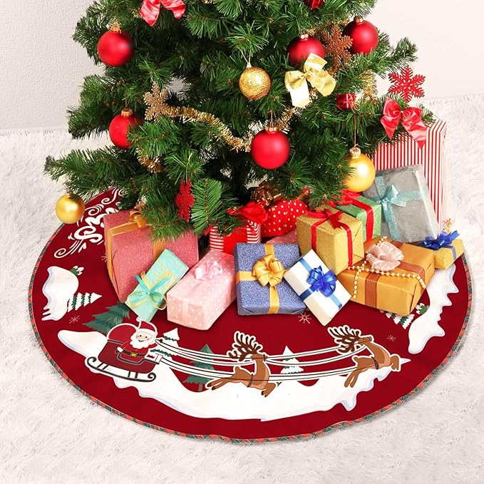 36 Inch Christmas Tree Skirt, Burlap Xmas Tree Mat with Snowflake & Reindeer, Red and White Rustic Xmas Tree Skirt Christmas Decorations for Party Indoor Merry Christmas Base Cover for Tree